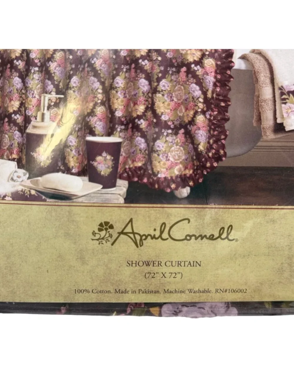 APRIL CORNELL Shower Curtain Cotton Fabric Ruffle Plum Purple Cottage Floral NWT